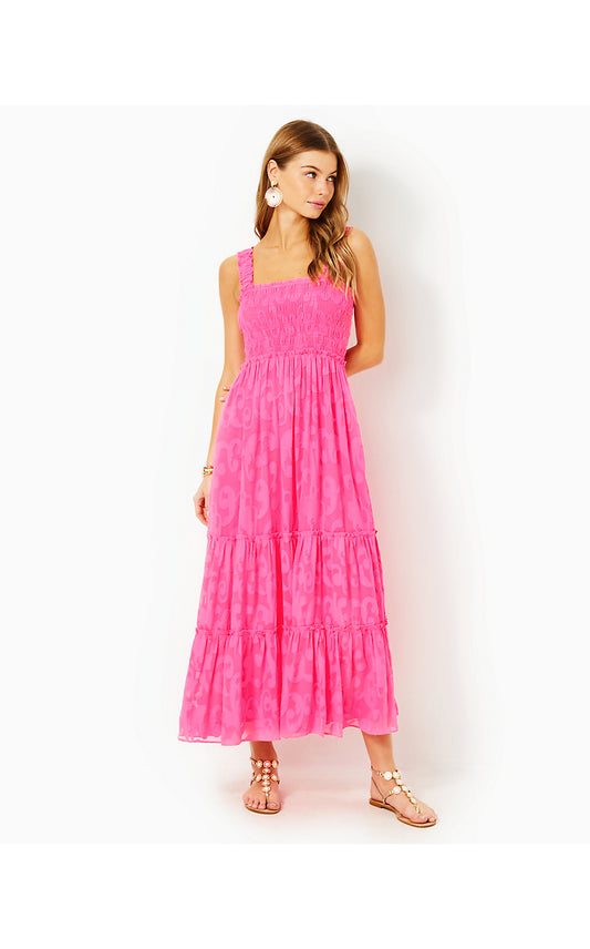HADLY SMOCKED MAXI DRESS, ROXIE PINK POLY CREPE SWIRL CLIP