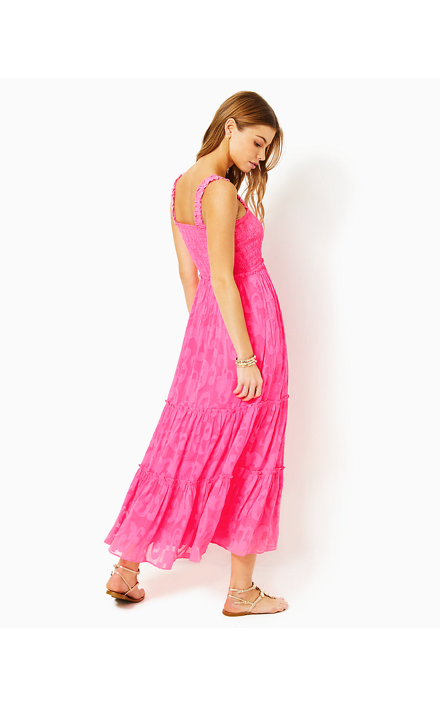 HADLY SMOCKED MAXI DRESS, ROXIE PINK POLY CREPE SWIRL CLIP