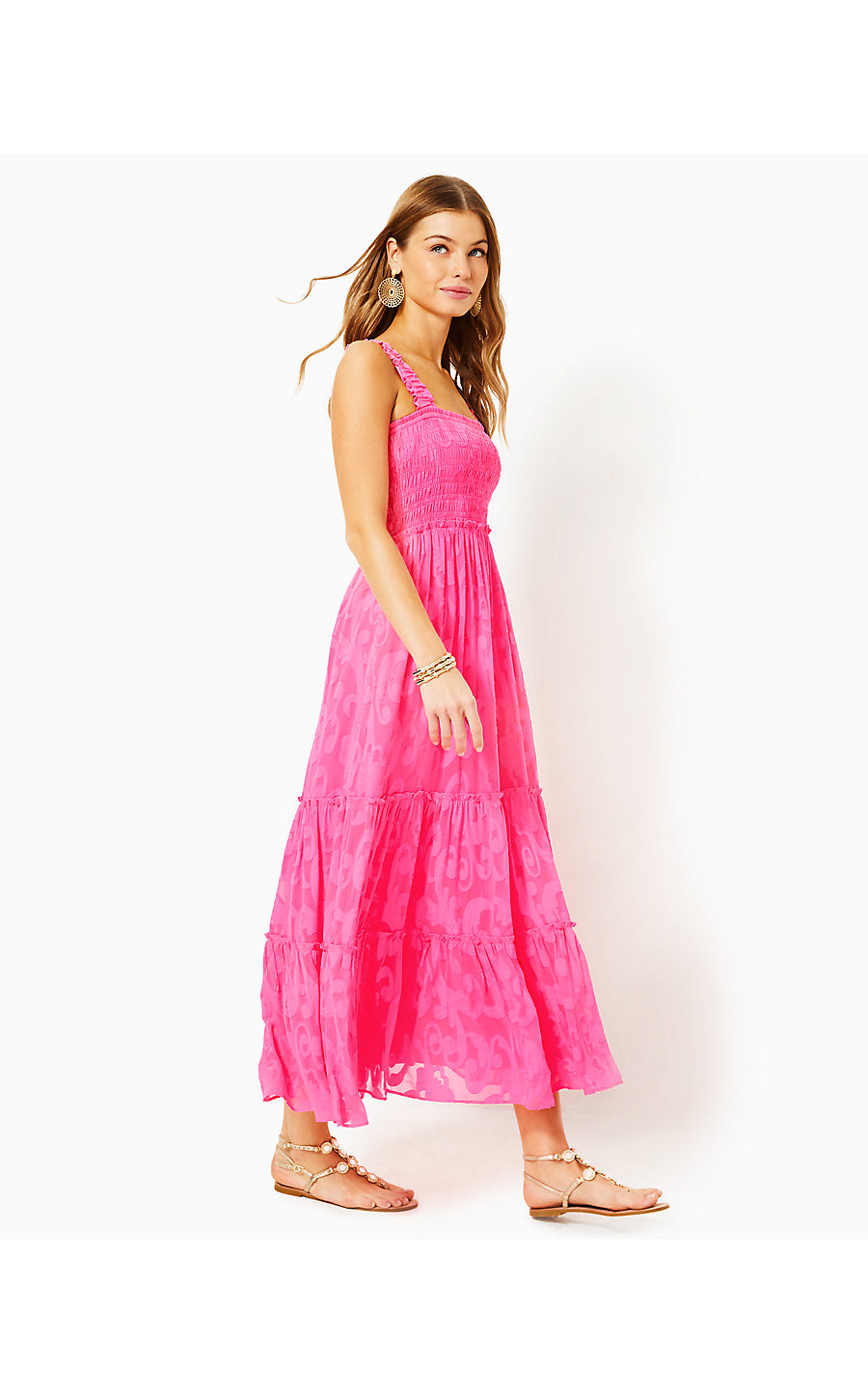 HADLY SMOCKED MAXI DRESS, ROXIE PINK POLY CREPE SWIRL CLIP