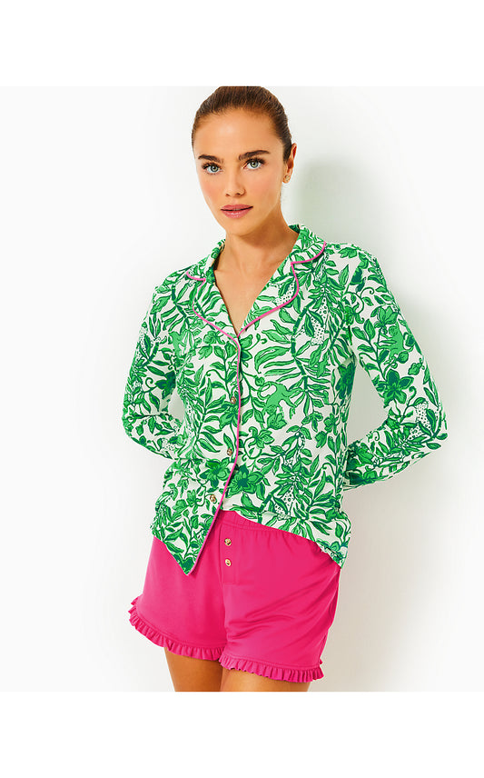 PJ KNIT LS BUTTON-UP TOP, FIDDLE LEAF GREEN LIL ESCAPE PLAN PJS