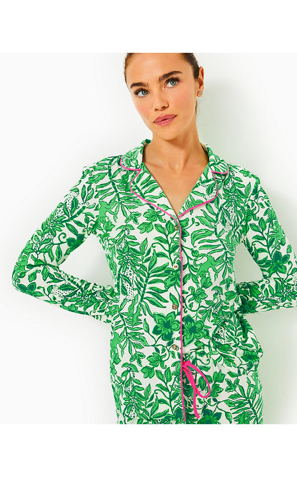 PJ KNIT LS BUTTON-UP TOP, FIDDLE LEAF GREEN LIL ESCAPE PLAN PJS