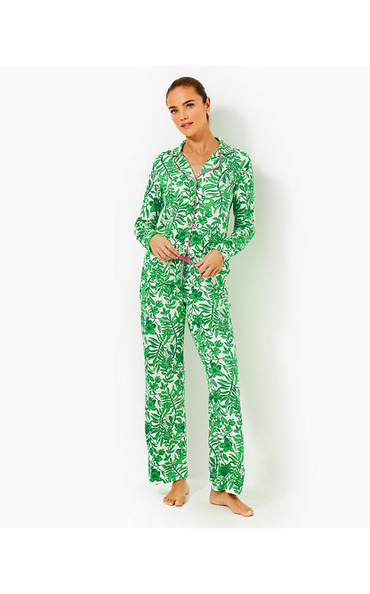 PJ KNIT LS BUTTON-UP TOP, FIDDLE LEAF GREEN LIL ESCAPE PLAN PJS