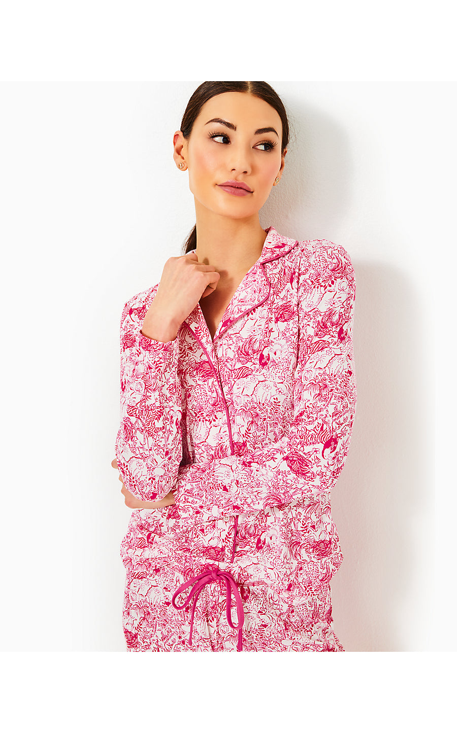 PJ KNIT LS BUTTON-UP TOP, RASPBERRY ROUGE ANIMAL MAGNETISM