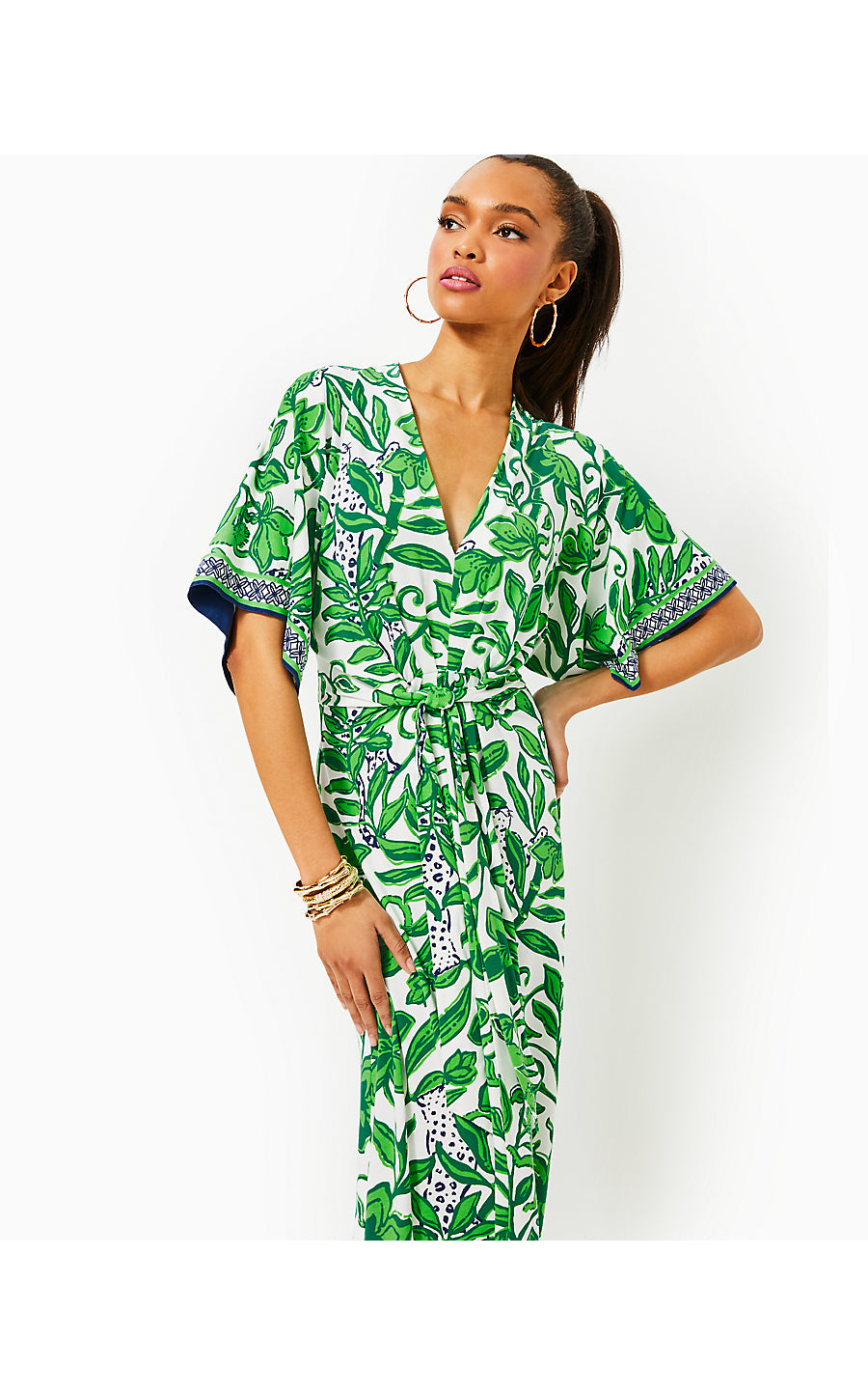 WISTERIA ELBOW SLEEVE V-NECK MAXI DRESS, FIDDLE LEAF GREEN ESCAPE