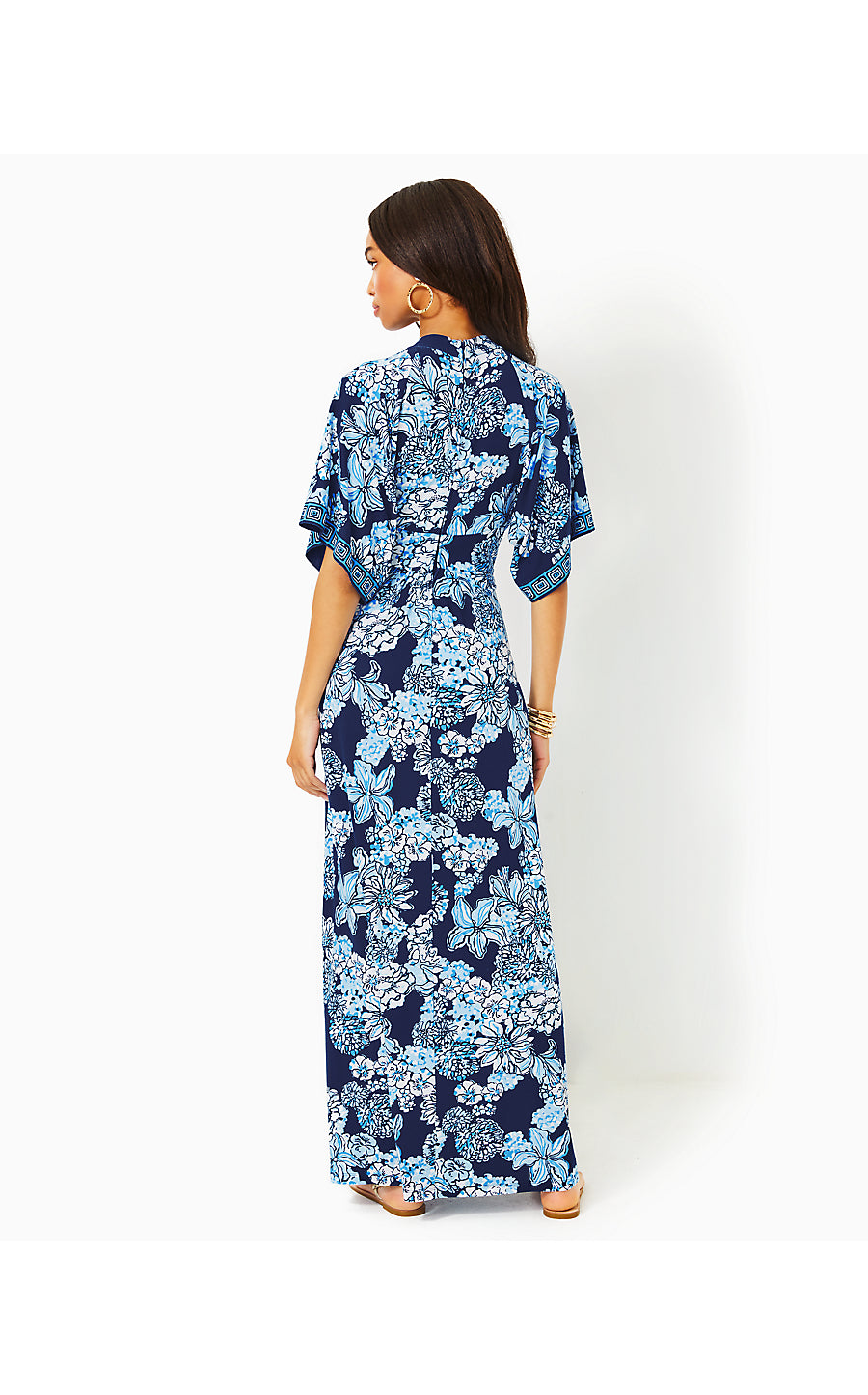 WISTERIA ELBOW SLEEVE V-NECK DRESS, LOW TIDE NAVY BOUQUET ALL DAY ENGINEERED KNIT MAXI DRESS