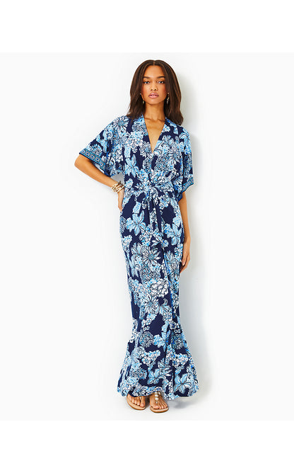 WISTERIA ELBOW SLEEVE V-NECK DRESS, LOW TIDE NAVY BOUQUET ALL DAY ENGINEERED KNIT MAXI DRESS