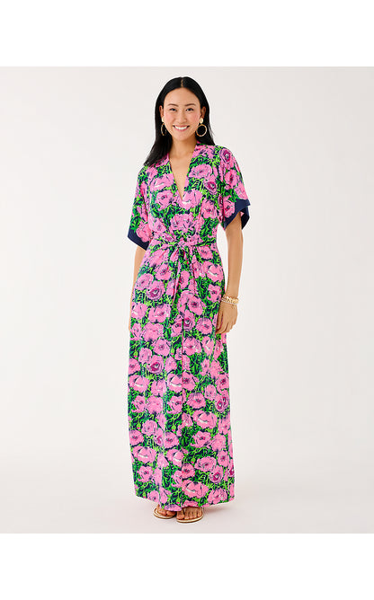 WISTERIA ELBOW SLEEVE V-NECK, LOW TIDE NAVY FLORRIE ENGINEERED KNIT MAXI DRESS