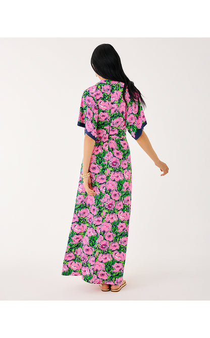 WISTERIA ELBOW SLEEVE V-NECK, LOW TIDE NAVY FLORRIE ENGINEERED KNIT MAXI DRESS