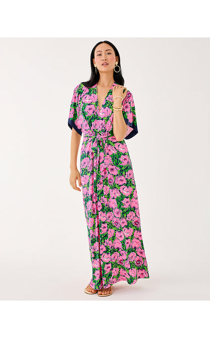 WISTERIA ELBOW SLEEVE V-NECK, LOW TIDE NAVY FLORRIE ENGINEERED KNIT MAXI DRESS