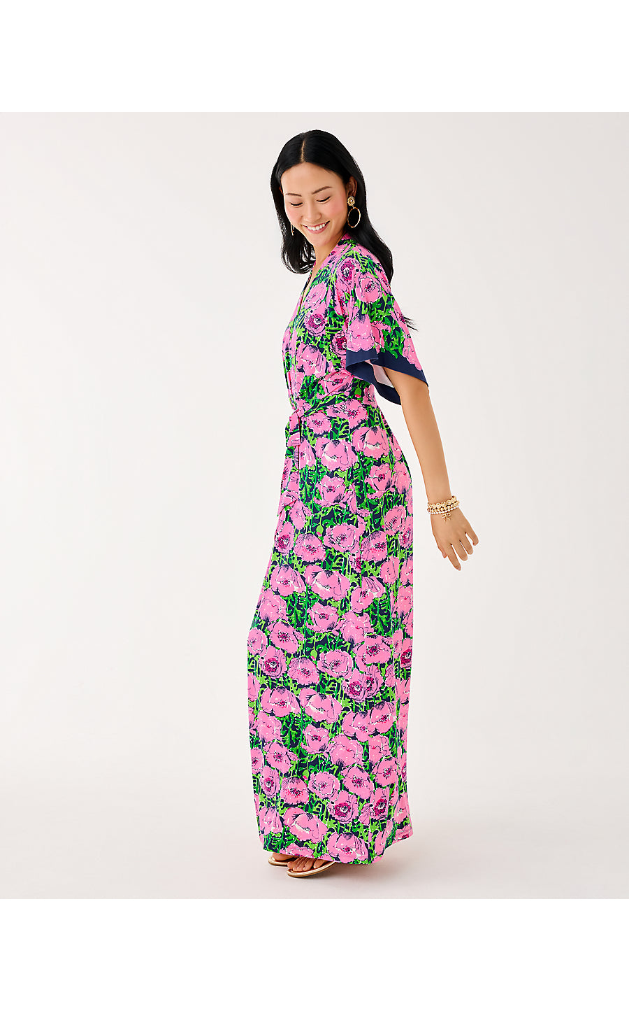 WISTERIA ELBOW SLEEVE V-NECK, LOW TIDE NAVY FLORRIE ENGINEERED KNIT MAXI DRESS