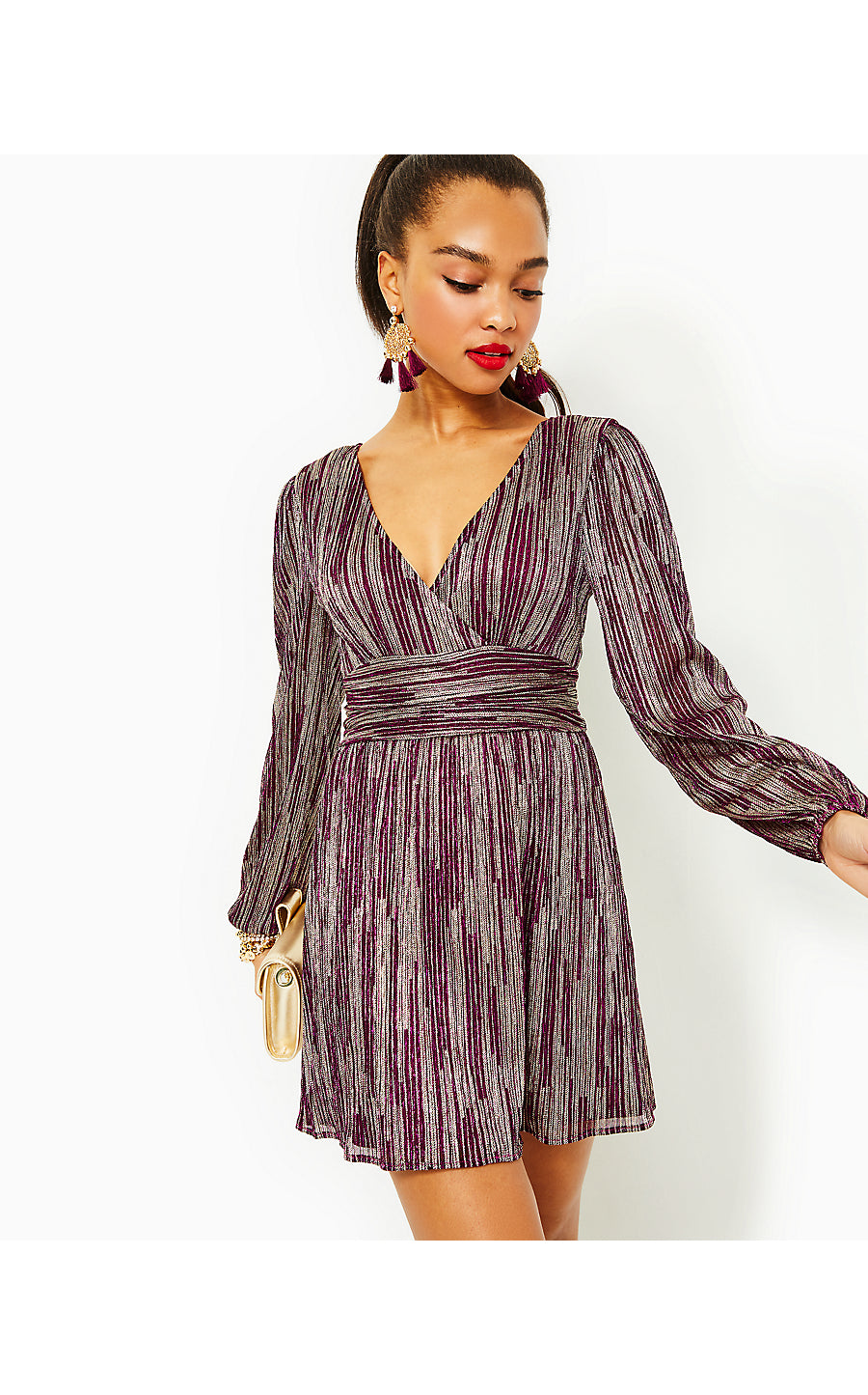 RIZA LONG-SLEEVED ROMPER, MULBERRY X GOLD METALLIC ROPE STRIPE CRINKLE KNIT