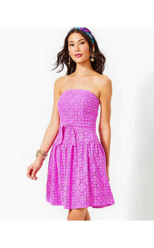 AKELA STRAPLESS EYELET DRESS, ORCHID OASIS OVERSIZED DIAMOND LEAF EYELET