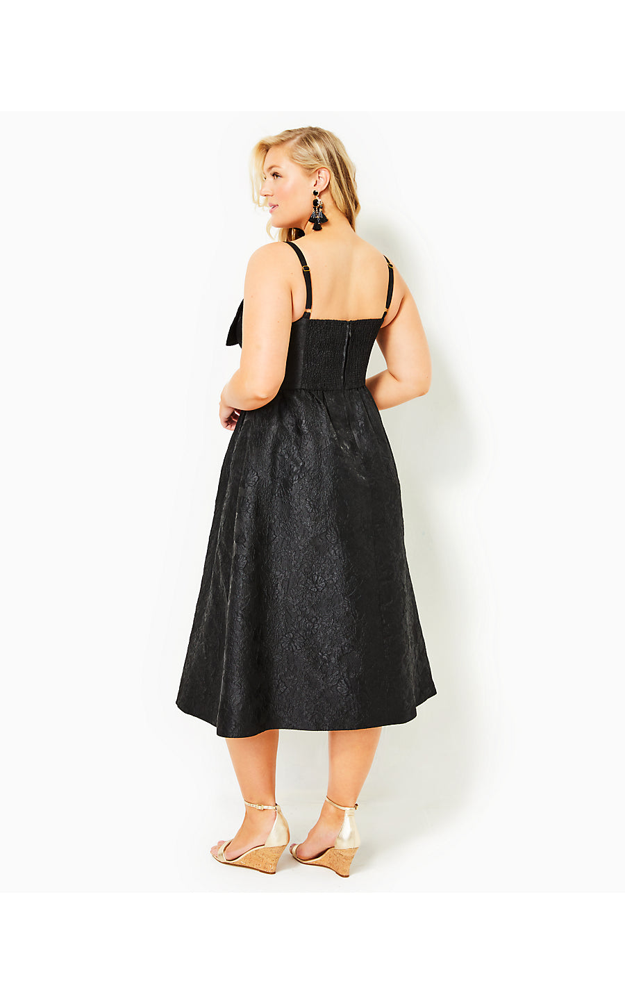 ellara jacquard midi bow dress Lilly Pulitzer Ellara Jacquard Midi Bow Women's Dress Onyx Leaf An : 14
