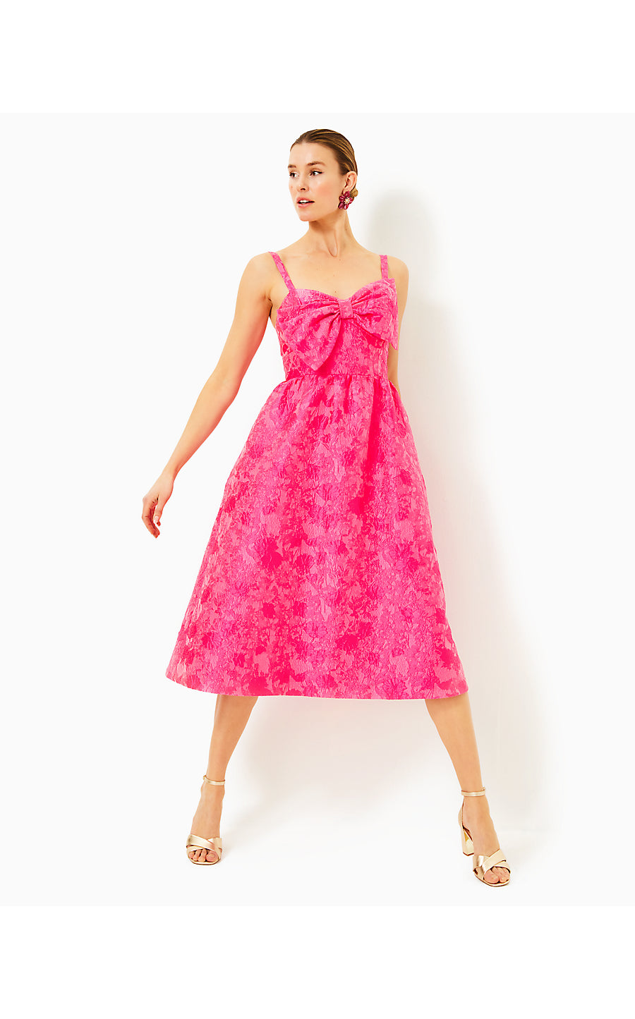 ELLARA JACQUARD MIDI BOW DRESS, PASSION FRUIT PINK LEAF AN IMPRESSION JACQUARD