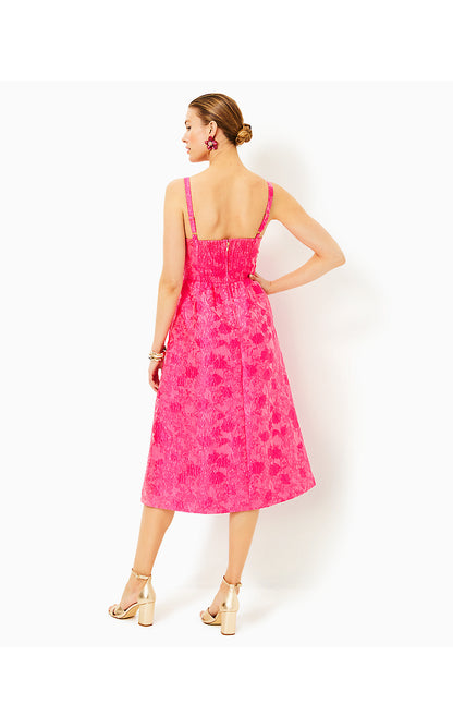 ELLARA JACQUARD MIDI BOW DRESS, PASSION FRUIT PINK LEAF AN IMPRESSION JACQUARD