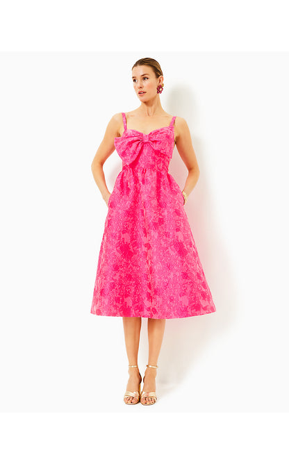 ELLARA JACQUARD MIDI BOW DRESS, PASSION FRUIT PINK LEAF AN IMPRESSION JACQUARD