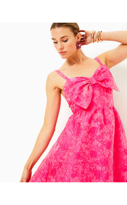 ELLARA JACQUARD MIDI BOW DRESS, PASSION FRUIT PINK LEAF AN IMPRESSION JACQUARD