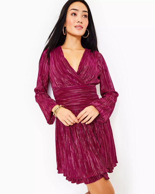 JESSAMIE LONG SLEEVE DRES, MULBERRY FOIL PRINTED CRINKLE WOVEN