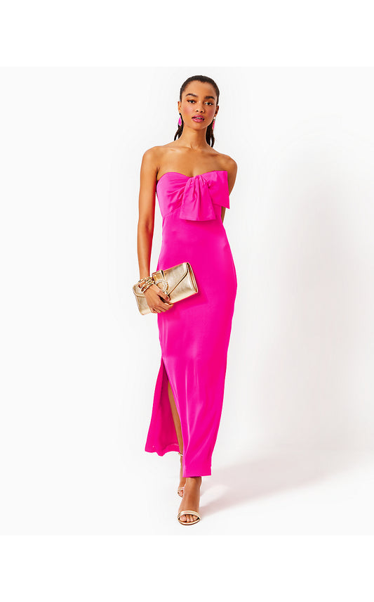 CARLYNN SATIN MAXI BOW DRESS, PINK PALMS