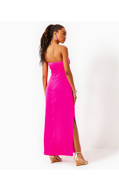 CARLYNN SATIN MAXI BOW DRESS, PINK PALMS