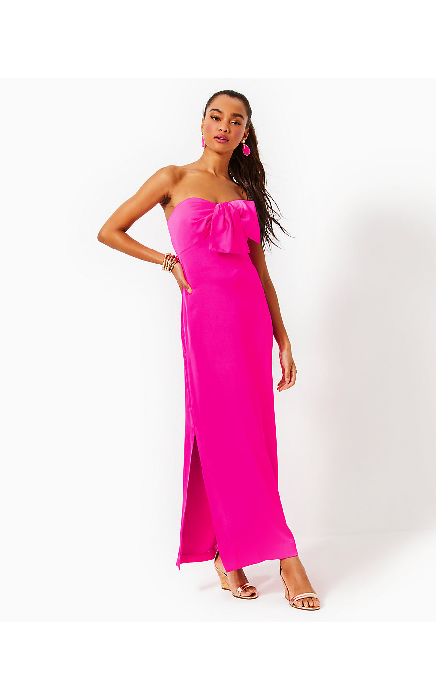 CARLYNN SATIN MAXI BOW DRESS, PINK PALMS