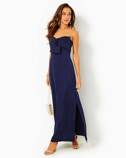 CARLYNN SATIN MAXI BOW DRESS, TRUE NAVY