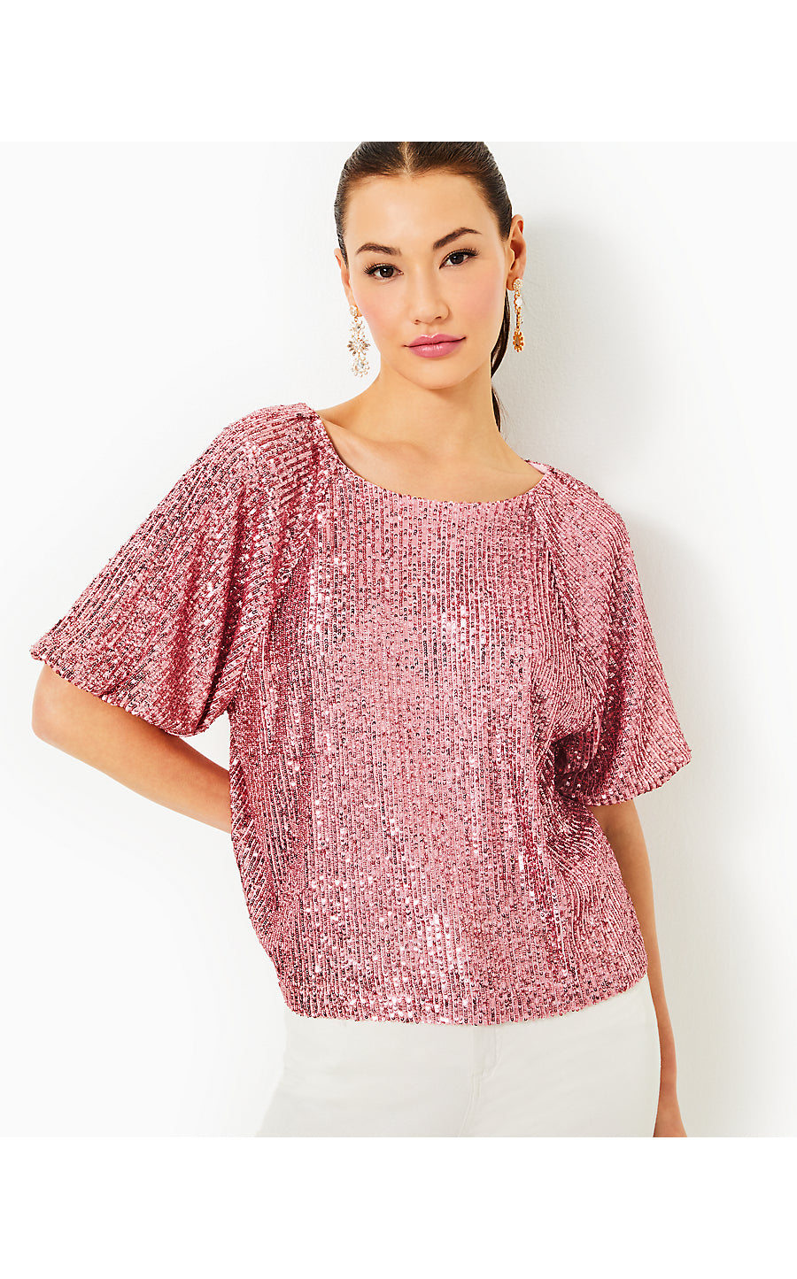 CRESSIDA KNIT TOP, CONCH SHELL PINK TREASURE BOX SEQUIN KNIT