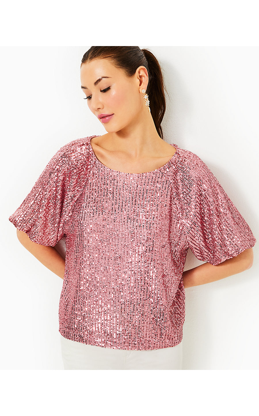 CRESSIDA KNIT TOP, CONCH SHELL PINK TREASURE BOX SEQUIN KNIT