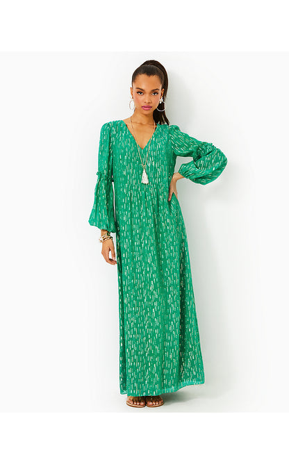 long sleeve maxi dress viscose CLEME LONG SLEEVE MAXI DRESS, FIDDLE LEAF GREEN MYSTICAL VISCOSE METAL –  Palm Place