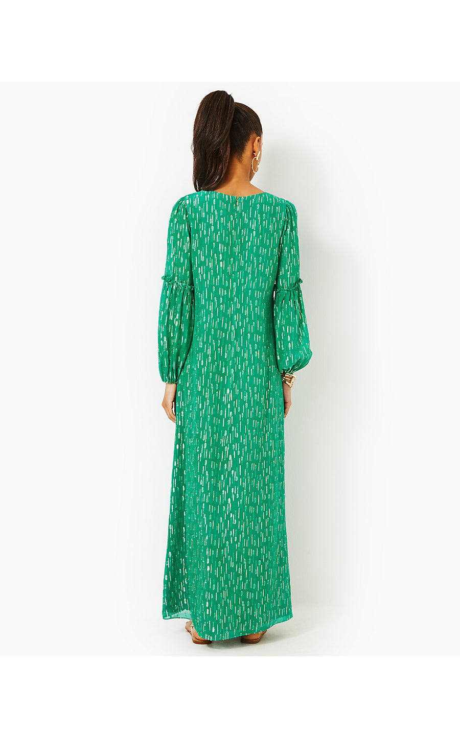 CLEME LONG SLEEVE MAXI DRESS, FIDDLE LEAF GREEN MYSTICAL VISCOSE METALLIC  CLIP
