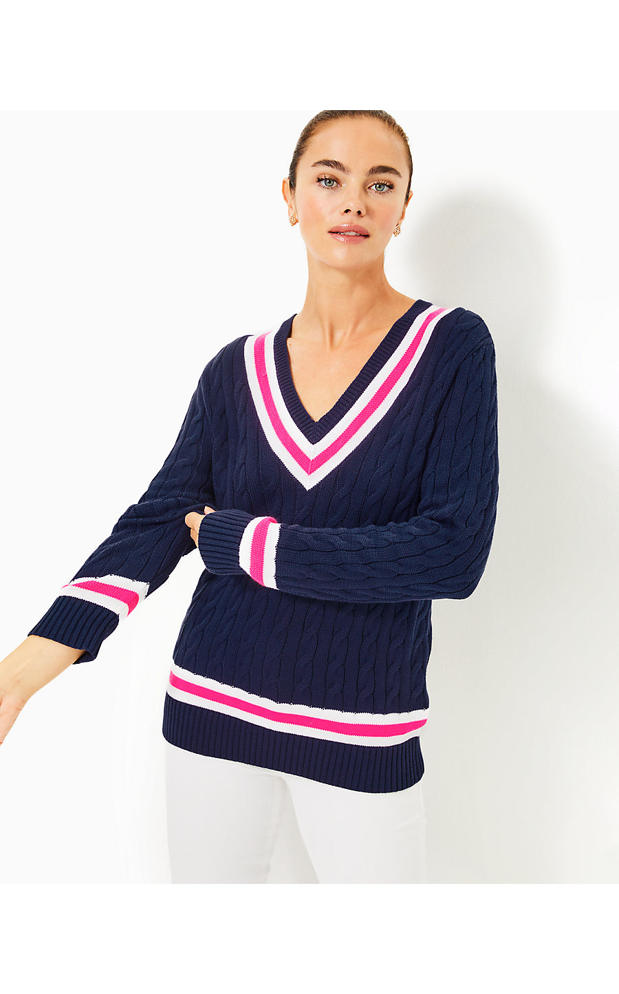 BROCKTON SWEATER, LOW TIDE NAVY X PASSION FRUIT PINK TIPPING