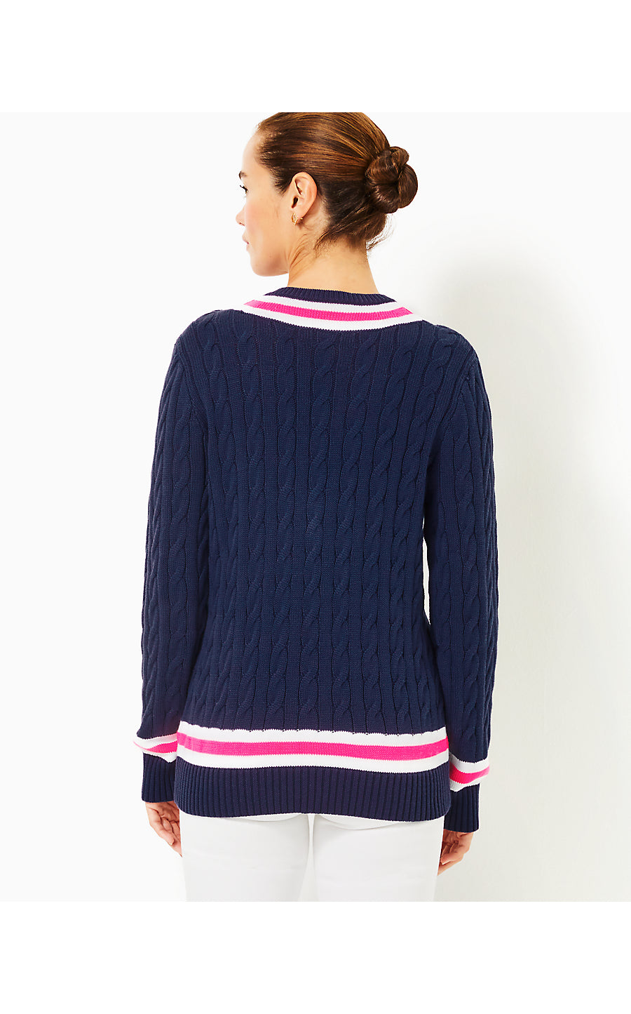 BROCKTON SWEATER, LOW TIDE NAVY X PASSION FRUIT PINK TIPPING