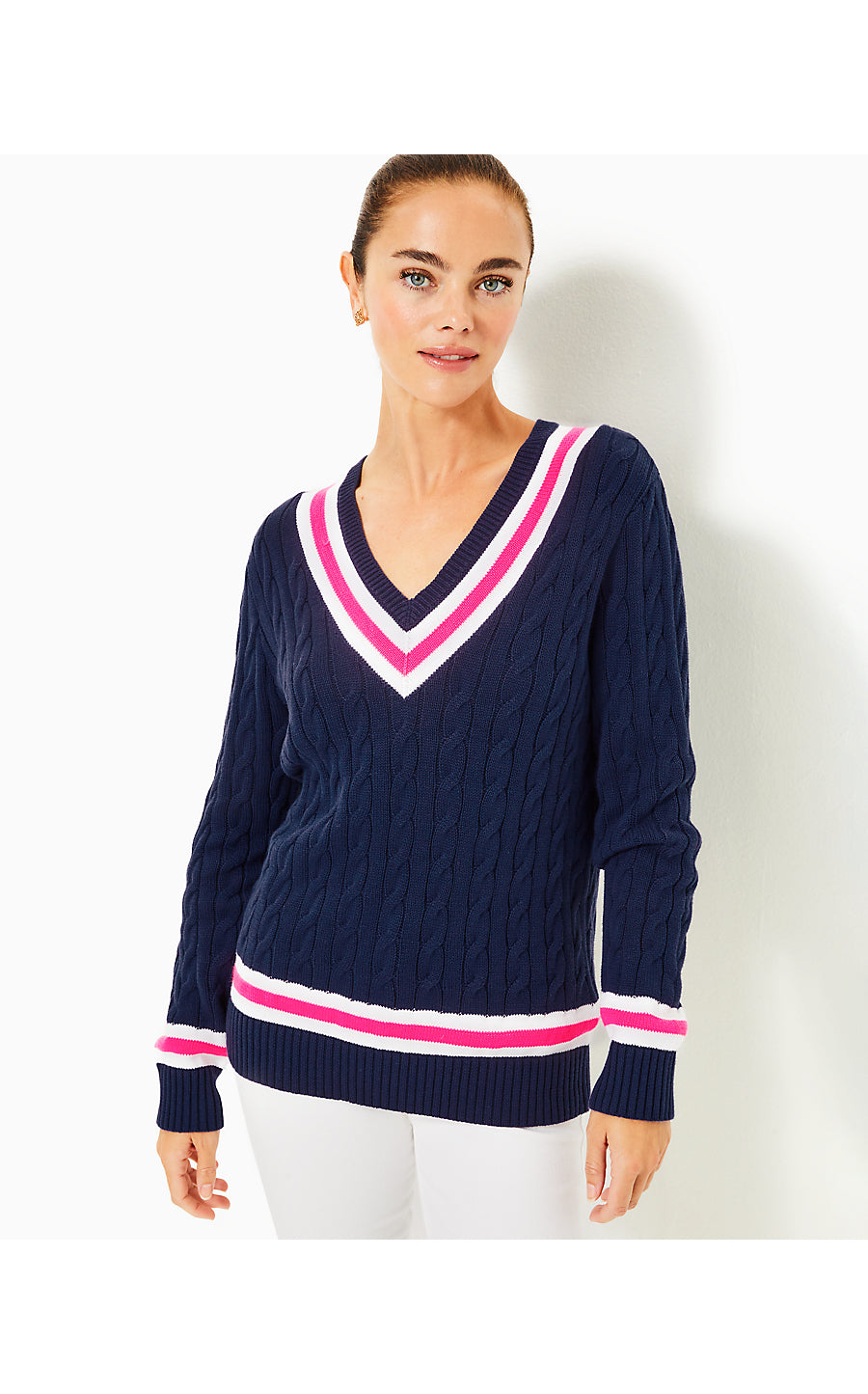 BROCKTON SWEATER, LOW TIDE NAVY X PASSION FRUIT PINK TIPPING