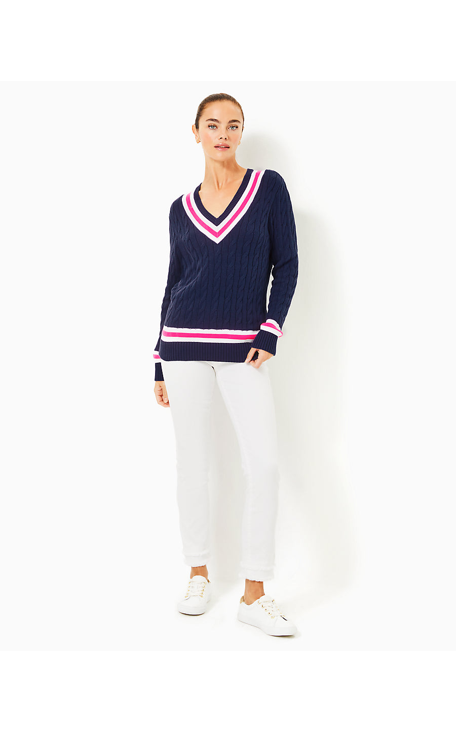 BROCKTON SWEATER, LOW TIDE NAVY X PASSION FRUIT PINK TIPPING