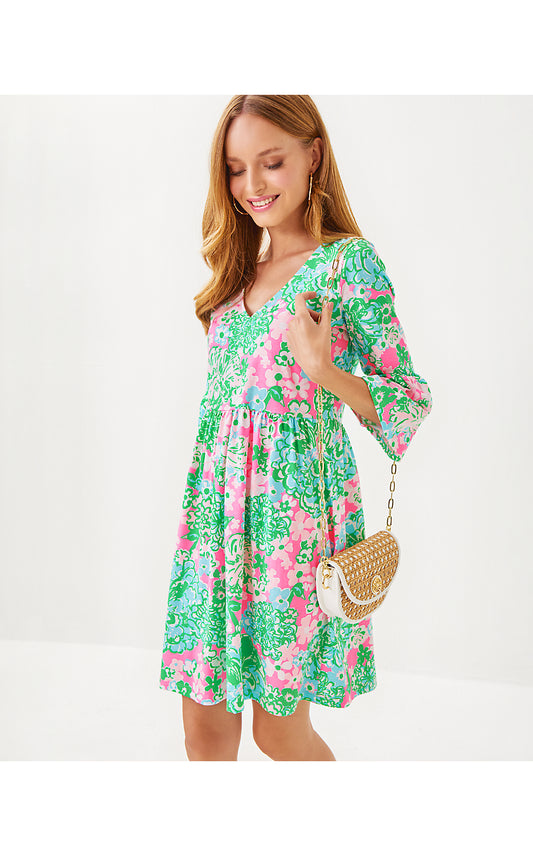 JANNIE V-NECK 3/4 SLEEVE DRESS, MULTI PLUMES IN BLOOM