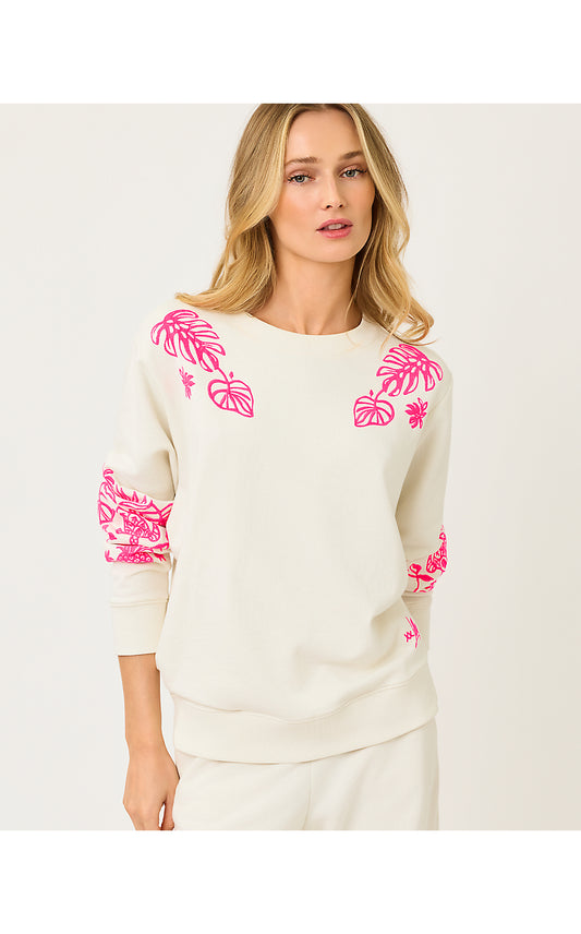 BALLAD LONG SLEEVE SWEATSHIRT, COCONUT SAFARI SOCIAL EMBROIDERED SWEATSHIRT