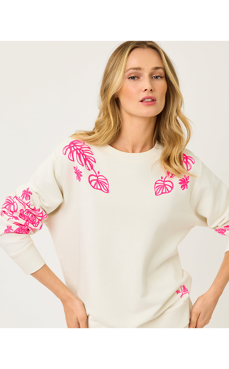 BALLAD LONG SLEEVE SWEATSHIRT, COCONUT SAFARI SOCIAL EMBROIDERED SWEATSHIRT