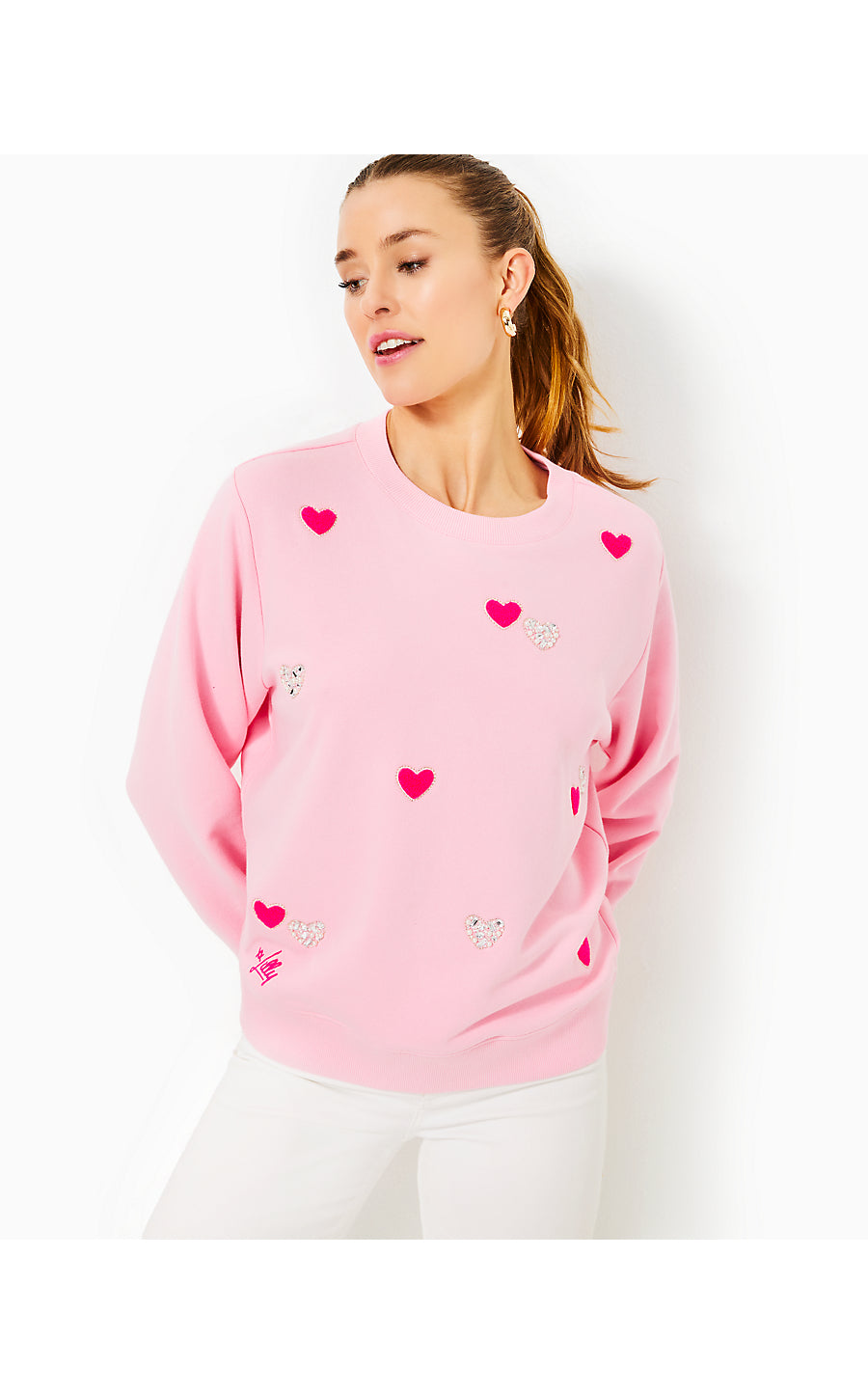 BALLAD LONG SLEEVE SWEATSHIRT, CONCH SHELL PINK HEARTS EMBELLISHMENT