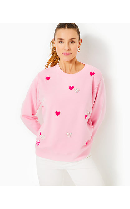 BALLAD LONG SLEEVE SWEATSHIRT, CONCH SHELL PINK HEARTS EMBELLISHMENT