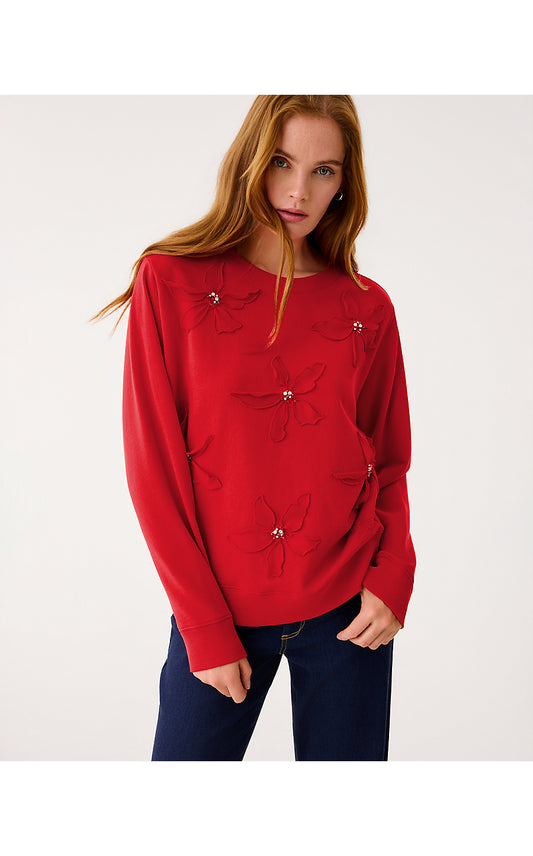 BALLAD LONG SLEEVE SWEATSHIRT, CRANBERRY RED POINSETTIA EMBELLISHMENT