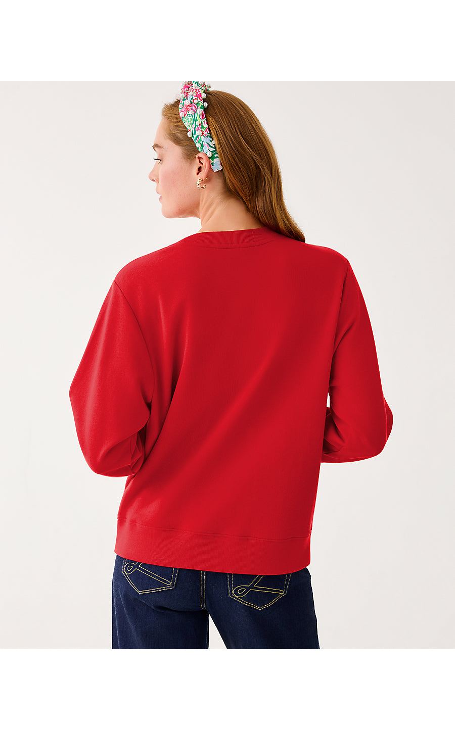 BALLAD LONG SLEEVE SWEATSHIRT, CRANBERRY RED POINSETTIA EMBELLISHMENT