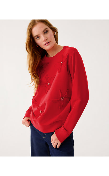 BALLAD LONG SLEEVE SWEATSHIRT, CRANBERRY RED POINSETTIA EMBELLISHMENT