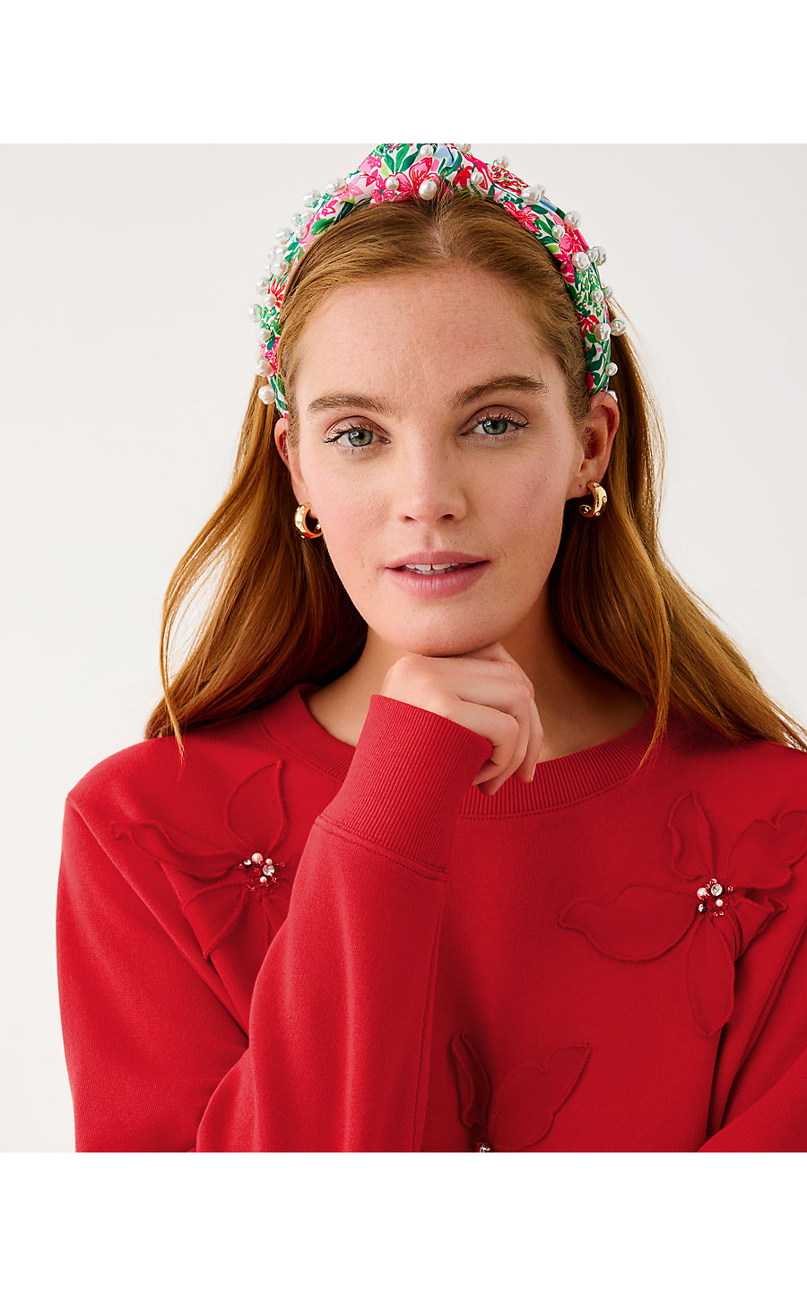 BALLAD LONG SLEEVE SWEATSHIRT, CRANBERRY RED POINSETTIA EMBELLISHMENT