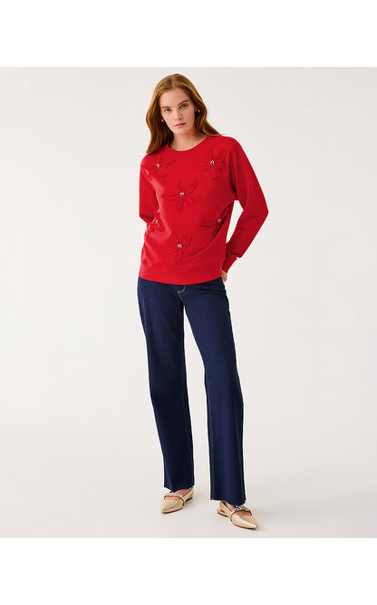 BALLAD LONG SLEEVE SWEATSHIRT, CRANBERRY RED POINSETTIA EMBELLISHMENT