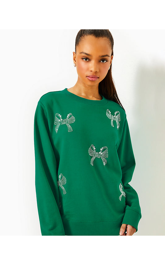 BALLAD LONG SLEEVE SWEATSHIRT, FIDDLE LEAF GREEN BOW EMBELLISHMENT