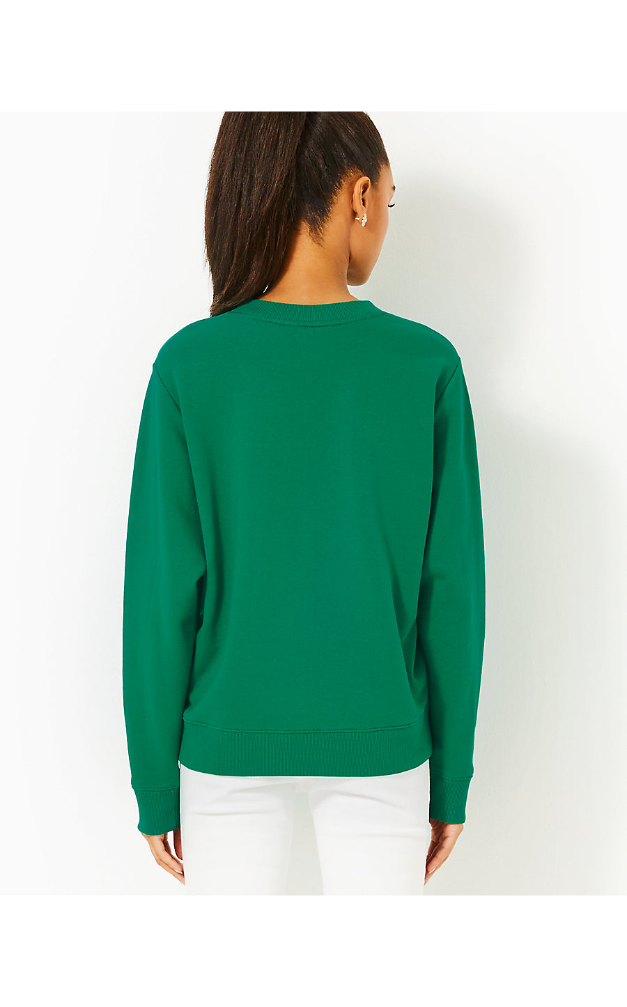 BALLAD LONG SLEEVE SWEATSHIRT, FIDDLE LEAF GREEN BOW EMBELLISHMENT