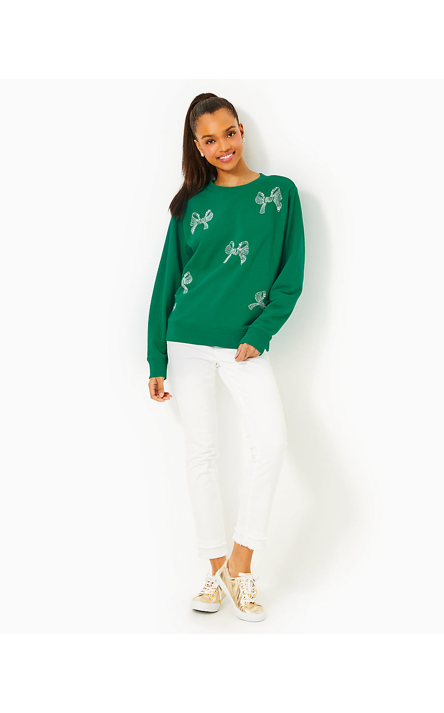 BALLAD LONG SLEEVE SWEATSHIRT, FIDDLE LEAF GREEN BOW EMBELLISHMENT