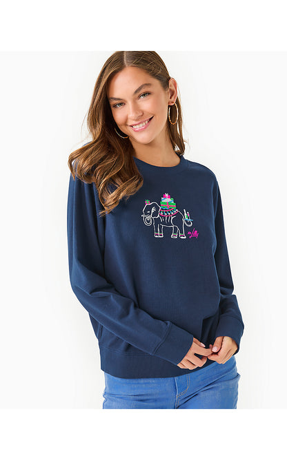 BALLAD LONG SLEEVE SWEATSHIRT, LOW TIDE NAVY HOLIDAY ELEPHANT EMBROIDERY