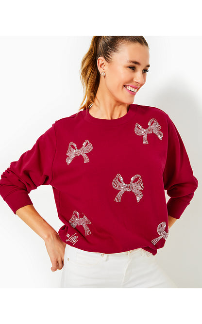 BALLAD LONG SLEEVE SWEATSHIRT, MALBEC RED BOW EMBELLISHMENT