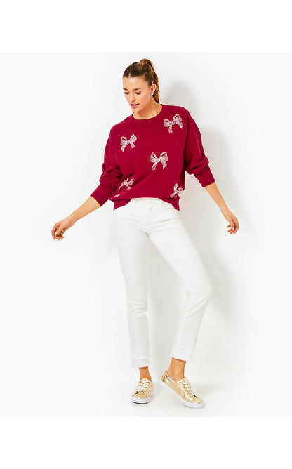 BALLAD LONG SLEEVE SWEATSHIRT, MALBEC RED BOW EMBELLISHMENT